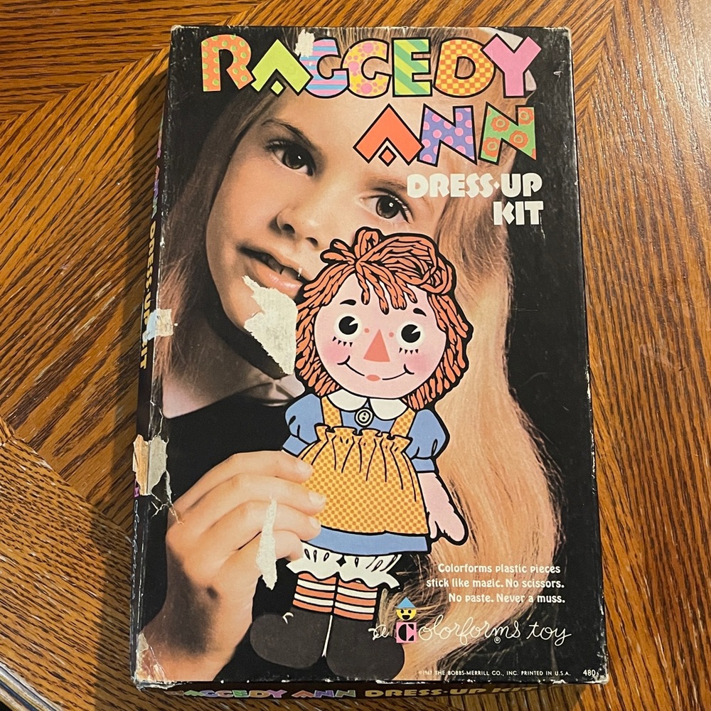 Raggedy Ann Dress Up Kit with Colorforms Doll Fashion Plastic Pieces, vintage